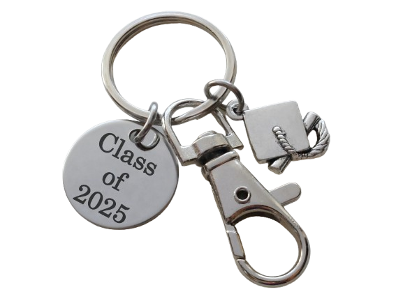 Custom Graduation Class of 2025 Disc Keychain with Graduation Cap Charm, Personalized Graduate Keychain, Gift for Graduate