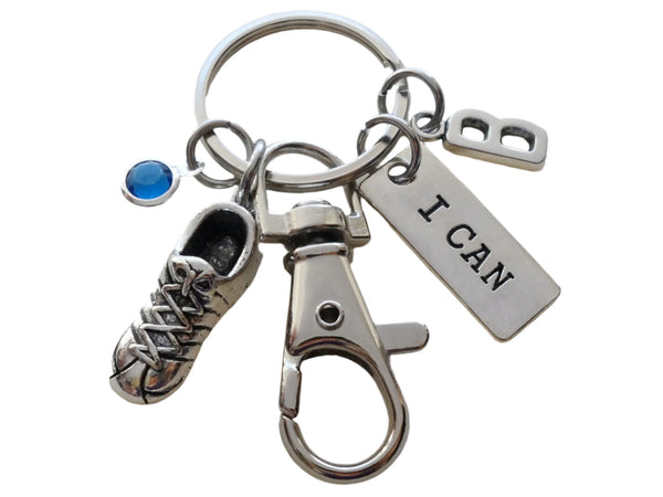Track or Cross Country Runner Keychain with Running Shoe Charm, I Can, and Swivel Clasp, Personalized Options