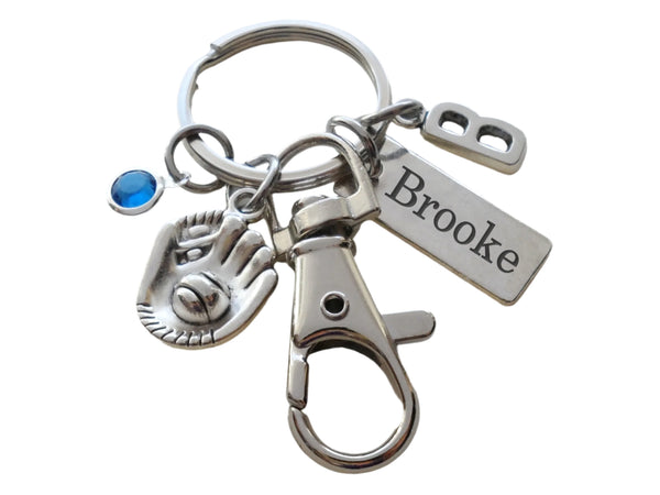 Baseball Mitt Charm Keychain with Custom Engraved Tag & Clasp, Personalized Name For Softball / Baseball Player Keychain