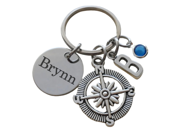 Compass Charm Keychain with Initial Charm & Custom Engraved Disc, Camping Keychain