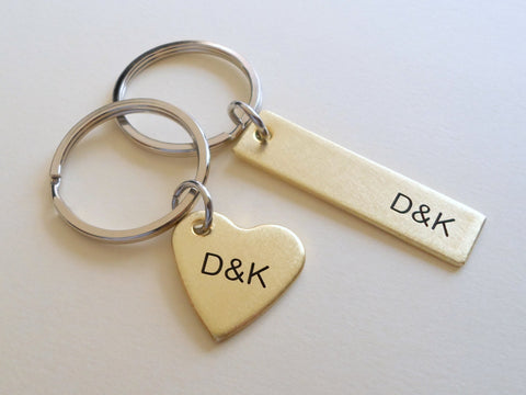 Personalized Small Heart Keychain and Rectangle Keychain Engraved with Initials; Brass, Bronze, Copper, Aluminum Options; Anniversary Couples Keychain by Jewelry Everyday
