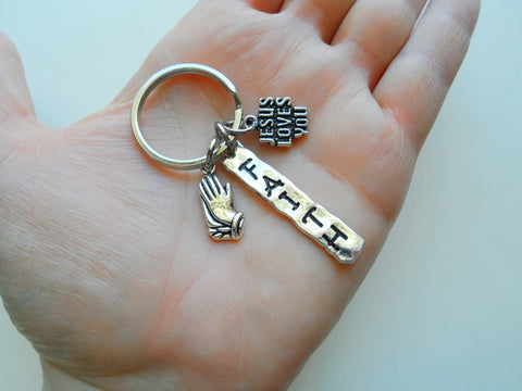 Faith Keychain with a "Jesus Loves You" Charm & Praying Hands Charm, Religious Keychain