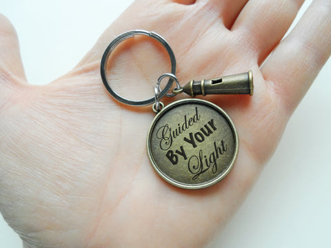 Bronze Lighthouse Keychain with Engraved Disc "Guided By Your Light", for Couples or Best Friends, Anniversary Gift Keychain