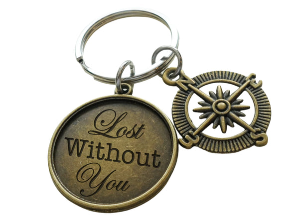 Bronze Compass Charm Keychain with Disc Engraved "Lost Without You" by Jewelry Everyday
