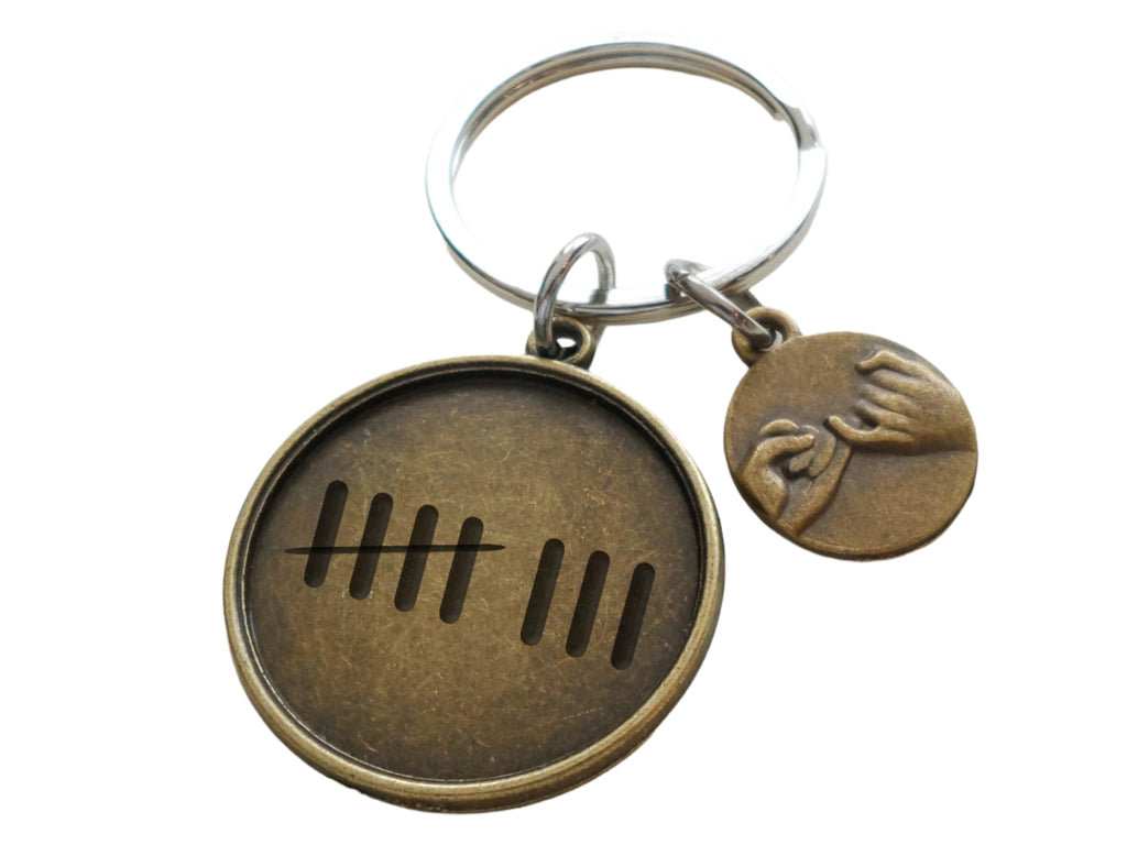 Bronze Pinky Promise Charm Keychain with 8 Tally Marks Engraved Disc; Couples 8 Year Anniversary Gift