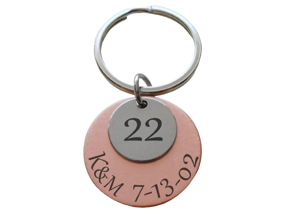 Custom Engraved Copper Disc with 22 Charm Keychain, 22 Year Anniversary Gift Keychain, Personalized Engraved Keychain