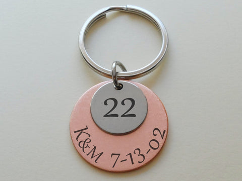 Custom Engraved Copper Disc with 22 Charm Keychain, 22 Year Anniversary Gift Keychain, Personalized Engraved Keychain