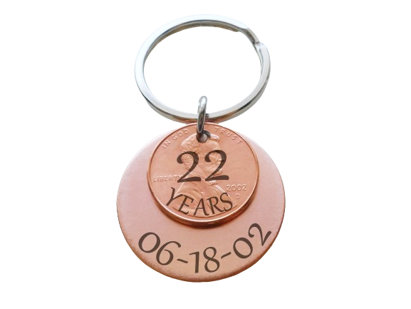 Custom Engraved Copper Disc Keychain with Penny, 7 Year, 22 Year or Other Year Anniversary Gift Keychain Personalized