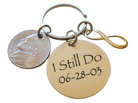 Custom Engraved Brass Disc Keychain with Nickel & Brass Infinity Charm, 21 Year Anniversary Gift, Personalized Key Chain