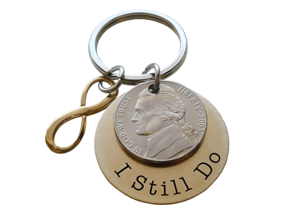 Custom Engraved Brass Disc Keychain with Nickel & Brass Infinity Charm, 21 Year Anniversary Gift Keychain, Personalized Key Chain