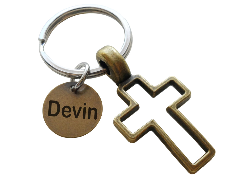 Bronze Cross Charm Keychain with Custom Engraved Tag, Religious Keychain