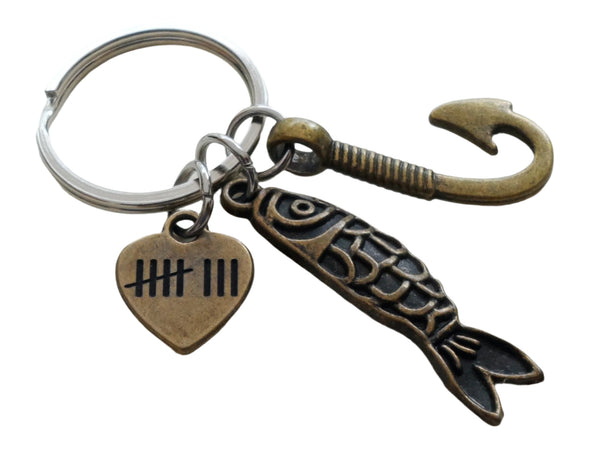 Bronze Fish & Hook Charm Keychain with 8 Tally Marks Engraved on Heart Charm - I'm Hooked On You; Couples 8 Year Anniversary Gift
