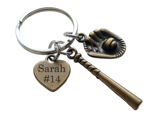 Baseball or Softball Keychain with Bronze Baseball Glove & Bat Charm & Custom Engraved Heart Tag; Team Player or Coach Gift