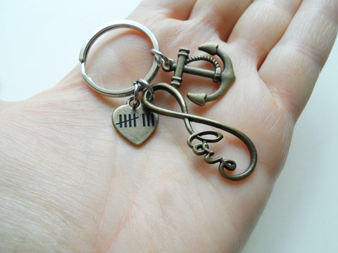 Bronze Love Infinity Charm Keychain With Anchor Charm & 8 Tally Mark Heart Charm, 8 Year Anniversary