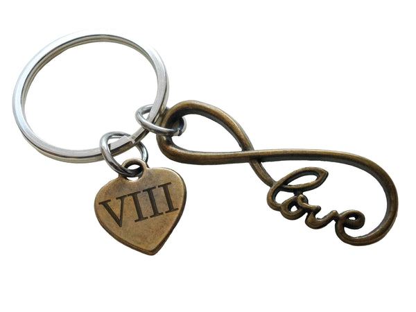 Bronze Love Infinity Symbol Charm With "VIII" Roman Numerals Engraved Heart Charm Keychain, 8 Year Anniversary