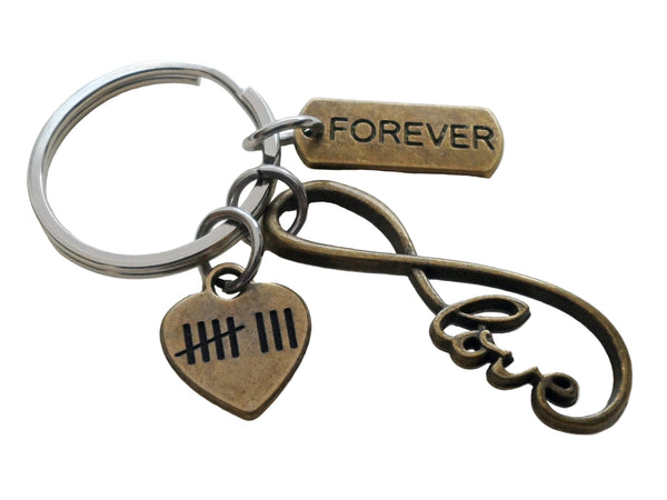 Bronze Infinity Love Symbol Charm Keychain With Forever Tag & 8 Tally Mark Heart Charm Keychain, 8 Year Anniversary