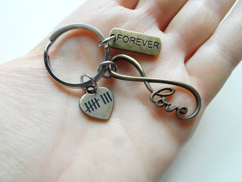 Bronze Infinity Love Symbol Charm Keychain With Forever Tag & 8 Tally Mark Heart Charm Keychain, 8 Year Anniversary