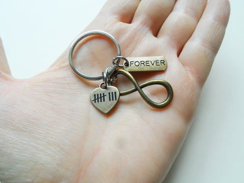 Bronze Infinity Charm Keychain With Forever Tag & 8 Tally Mark Heart Charm Keychain, 8 Year Anniversary