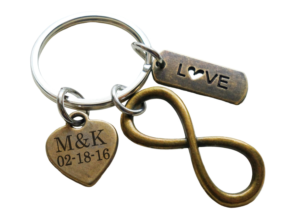 Bronze Infinity Charm Keychain With Love Tag & Custom Engraved Heart Charm Keychain, 8 Year Anniversary