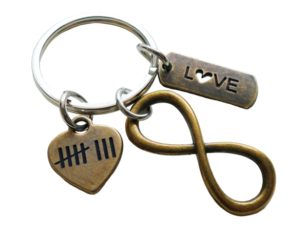 Bronze Infinity Charm Keychain With Love Tag & 8 Tally Mark Heart Charm Keychain, 8 Year Anniversary