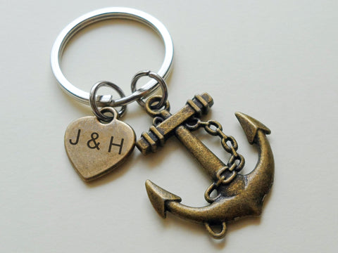 Personalized Bronze Anchor Charm Keychain with Custom Heart Tag; Couples Keychain