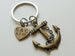 Personalized Bronze Anchor Charm Keychain with Custom Heart Tag; Couples Keychain