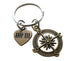 Bronze Compass Charm Keychain with 8 Tally Mark Heart Charm - I'd Be Lost Without You; Couples Keychain