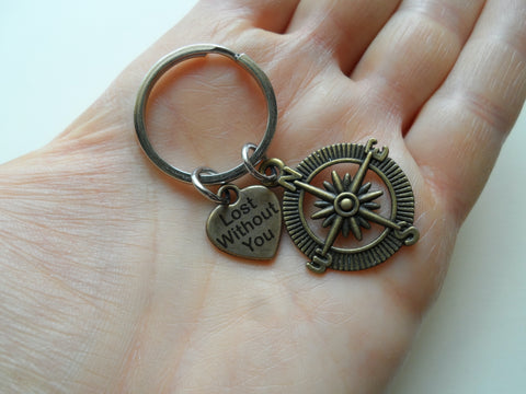 Bronze Compass Charm Keychain with "Lost Without You" Engraved Heart Charm