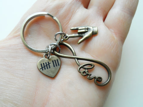Bronze Love Infinity Charm Keychain With ASL I Love You Hand Charm & 8 Tally Mark Heart Charm, 8 Year Anniversary