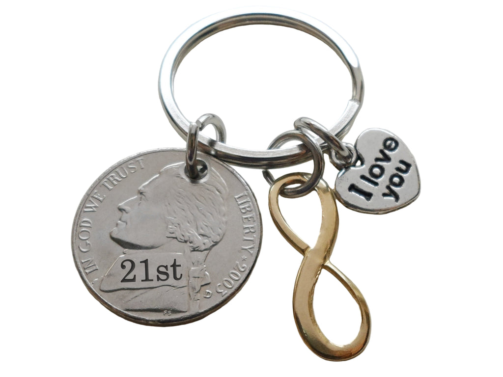 Custom Engraved Nickel & Brass Infinity Charm Keychain with I Love You Heart Charm, 21 Year Anniversary Gift Personalized