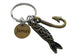 Personalized Bronze Fish & Hook Charm Keychain with Custom Engraved Circle Tag