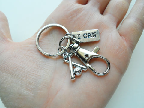 Baseball Bats Charm Keychain with I Can Tag & Clasp, Softball or Baseball Player Keychain