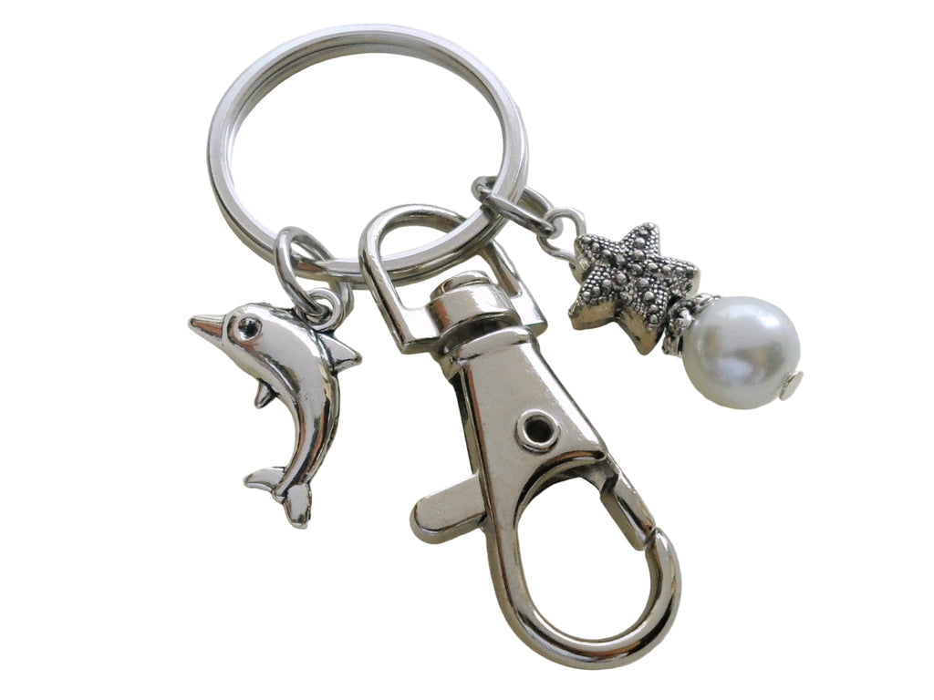 Beach Lover's Keychain with Dolphin , Starfish & Faux Pearl Charm , and Clasp