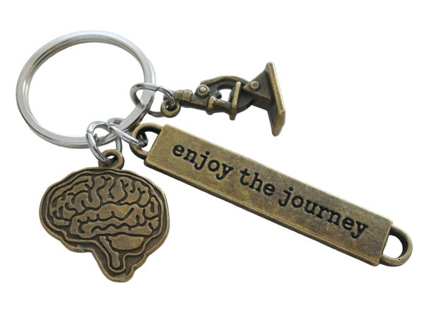 Bronze Brain & Microscope Charm Keychain with Enjoy the Journey Tag, For Anatomy Teacher, Psychologist or Medical Student