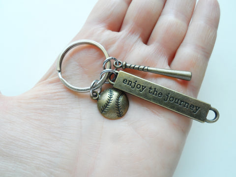 Bronze Baseball Bat, Ball, and Enjoy the Journey Tag Keychain, Softball or Baseball Team Player Key Chain