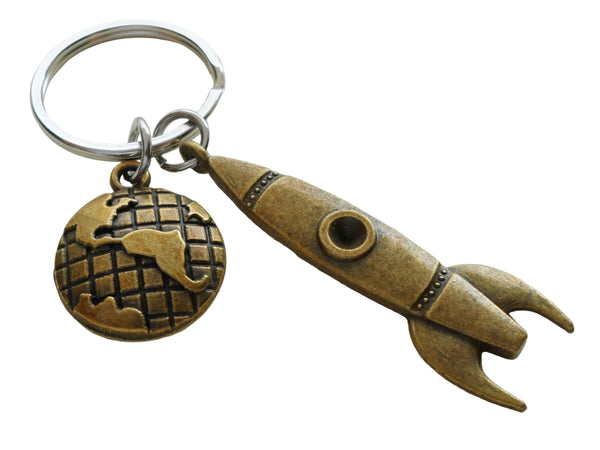 Bronze Spaceship Rocket & Earth Globe Charm Keychain, Aerospace Engineer Gift, Astronautical Key Chain