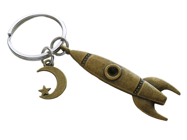 Bronze Spaceship Rocket & Moon Charm Keychain, Aerospace Engineer Gift, Astronautical Key Chain