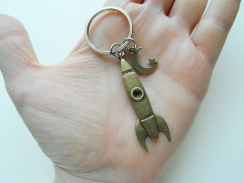 Bronze Spaceship Rocket & Moon Charm Keychain, Aerospace Engineer Gift, Astronautical Key Chain