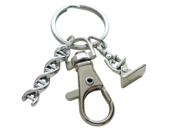 DNA Molecule Double Helix Keychain with Microscope Charm & Clasp, Science Keychain, Graduate Student Keychain