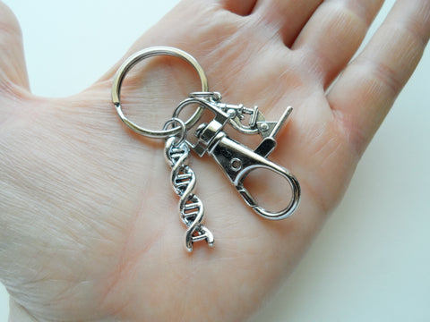 DNA Molecule Double Helix Keychain with Microscope Charm & Clasp, Science Keychain, Graduate Student Keychain