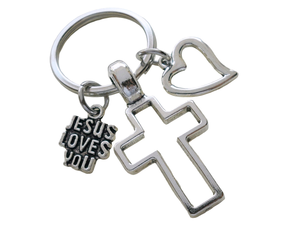 Cross Charm Keychain with Jesus Loves You and Heart Charm, Religious Keychain