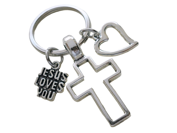 Cross Charm Keychain with Jesus Loves You and Heart Charm, Religious Keychain