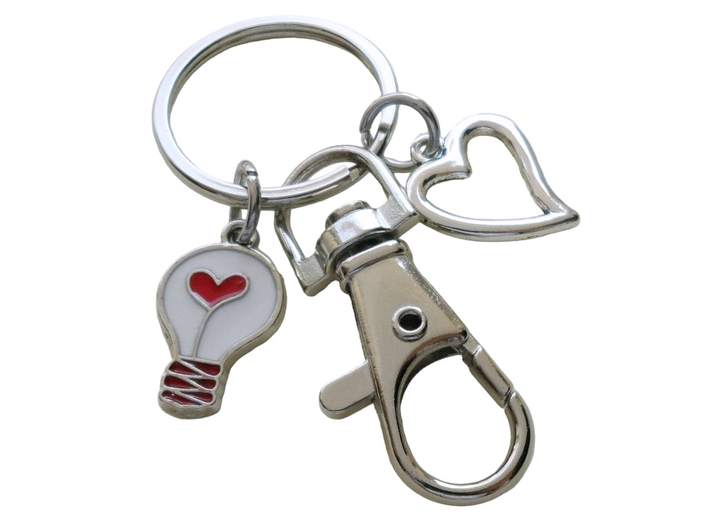 Light Bulb with Red Heart Charm Keychain with Clasp and Open Heart Charm with You're The Light Of My Life Card