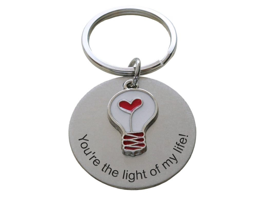 Light Bulb with Red Heart Charm Keychain with Custom Engraved Steel Disc