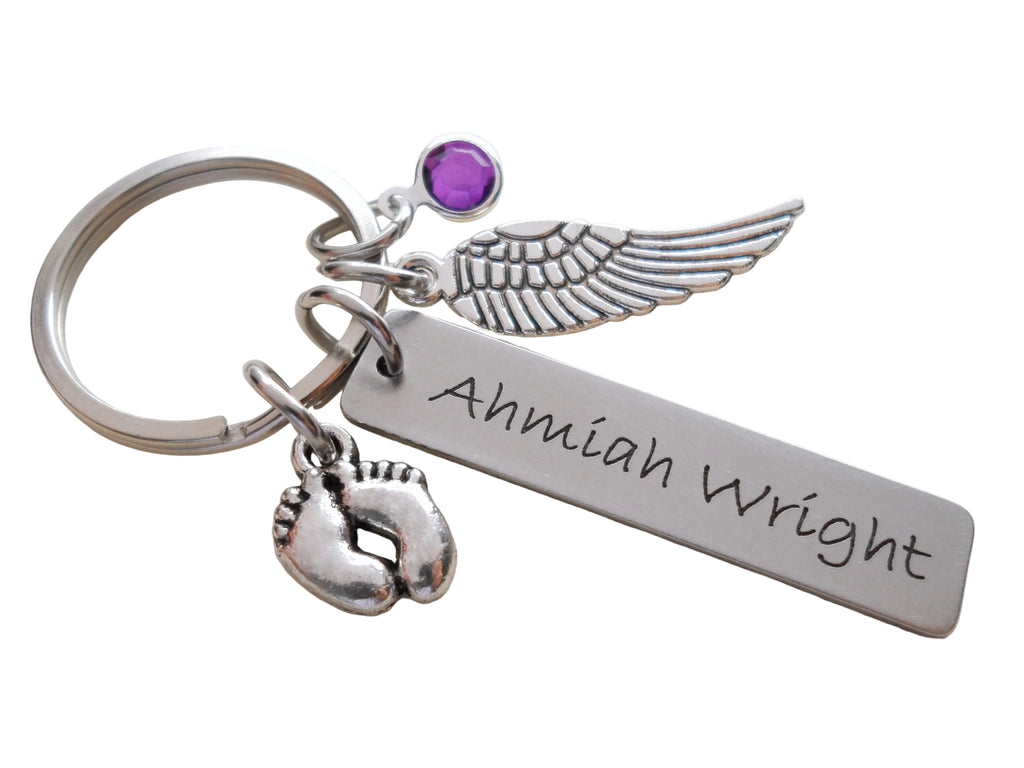 Memorial Keychain with Wing Charm, Baby Feet Charm, and Custom Engraved Tag