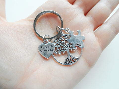 Social Worker Appreciation Gift Keychain with Tree and Puzzle Charm, Community Advocate Gift, Thank You Gift