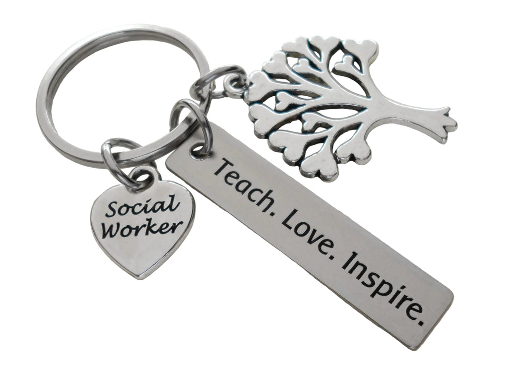 Employee Appreciation Gifts • Tree Charm, Social Worker Heart & "Teach. Love. Inspire." Engraved Tag Keychain by JewelryEveryday