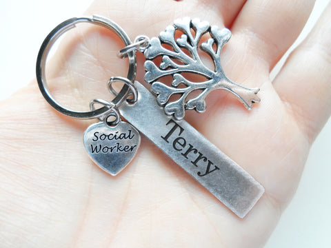 Employee Appreciation Gifts • Tree Charm, Social Worker Heart & Custom Engraved Tag Keychain by JewelryEveryday
