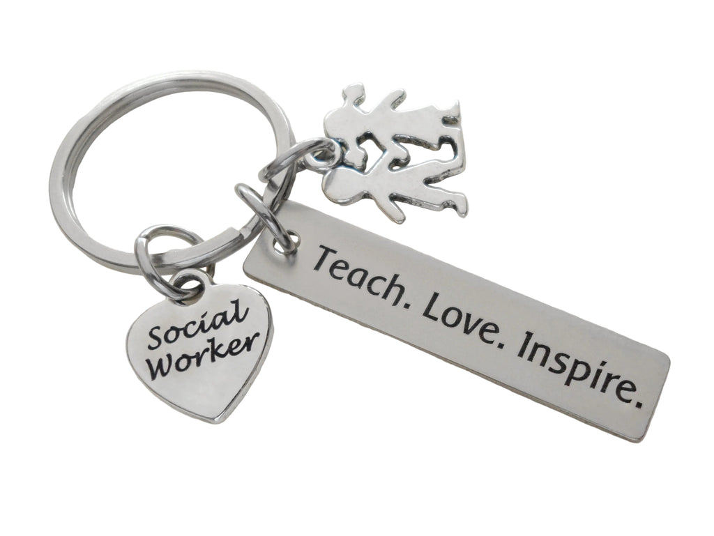 Employee Appreciation Gifts • Globe Charm, Social Worker Heart & "Teach. Love. Inspire." Engraved Tag Keychain by JewelryEveryday