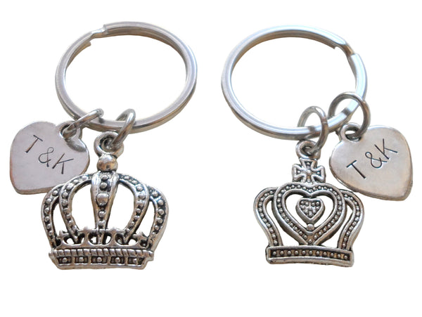 Silver Tone King and Queen Crown Keychain Set with Custom Stamped Heart Tags, Couples Keychain Set